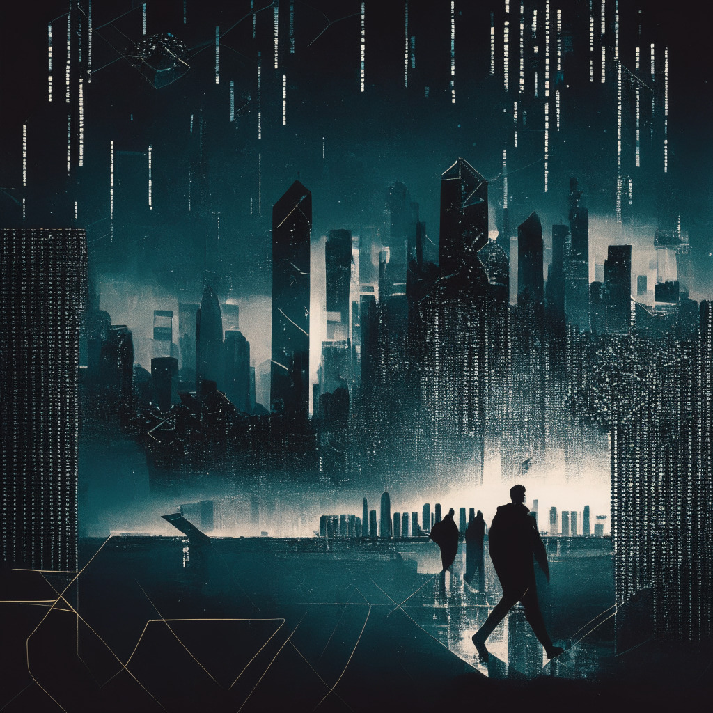 A dark, moody scene with an abstract Blockchain motif styled like an Avant-Garde painting, elements symbolizing tension and conflict, bureaucratic figures, a dimly lit San Francisco skyline fading into the background, trails of light hinting the industry's relocation towards brighter, emerging global Blockchain capitals - Dubai, Singapore, London. Include impression of a race with symbols of Ethereum ETF, also highlight the unease, ambiguity, and need for balance.