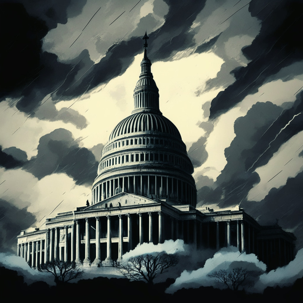 Depiction of a tempestuous, political storm brewing over a neo-gothic styled U.S Capitol building, clouded in hues of uncertainty and shaded in dramatic high-contrast light. The foreground should feature digital currency in the form of abstract, intricate crypto coins being blown about by the storm, representative of the turmoil these bills face.