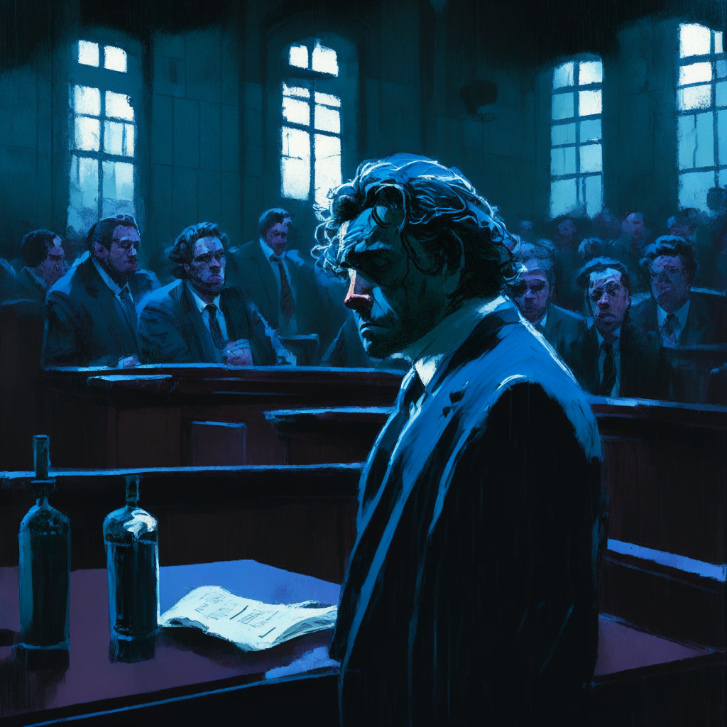 Late evening courtroom, unfolding a blockchain drama, dimly lit environment, painting-style realism reminiscent of Rembrandt. Central character resembling former OpenSea manager in suit, expressing regret whilst clutching a prison bar. Background reflecting sinking NFT market, vibrant 'blue chip' NFTs dramatically fading in value, Bitter and somber mood.