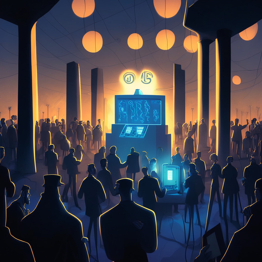A surrealist-style evening scene at a US polling booth, Illuminated by the soft glow of twilight. A throng of diverse voters queue, each holding a gleaming, ethereal crypto coin. A candidate podium in the background subtly etched with crypto symbols. The air is filled with the tense excitement of change, symbolizing the pivotal role of cryptocurrency in the 2024 elections.
