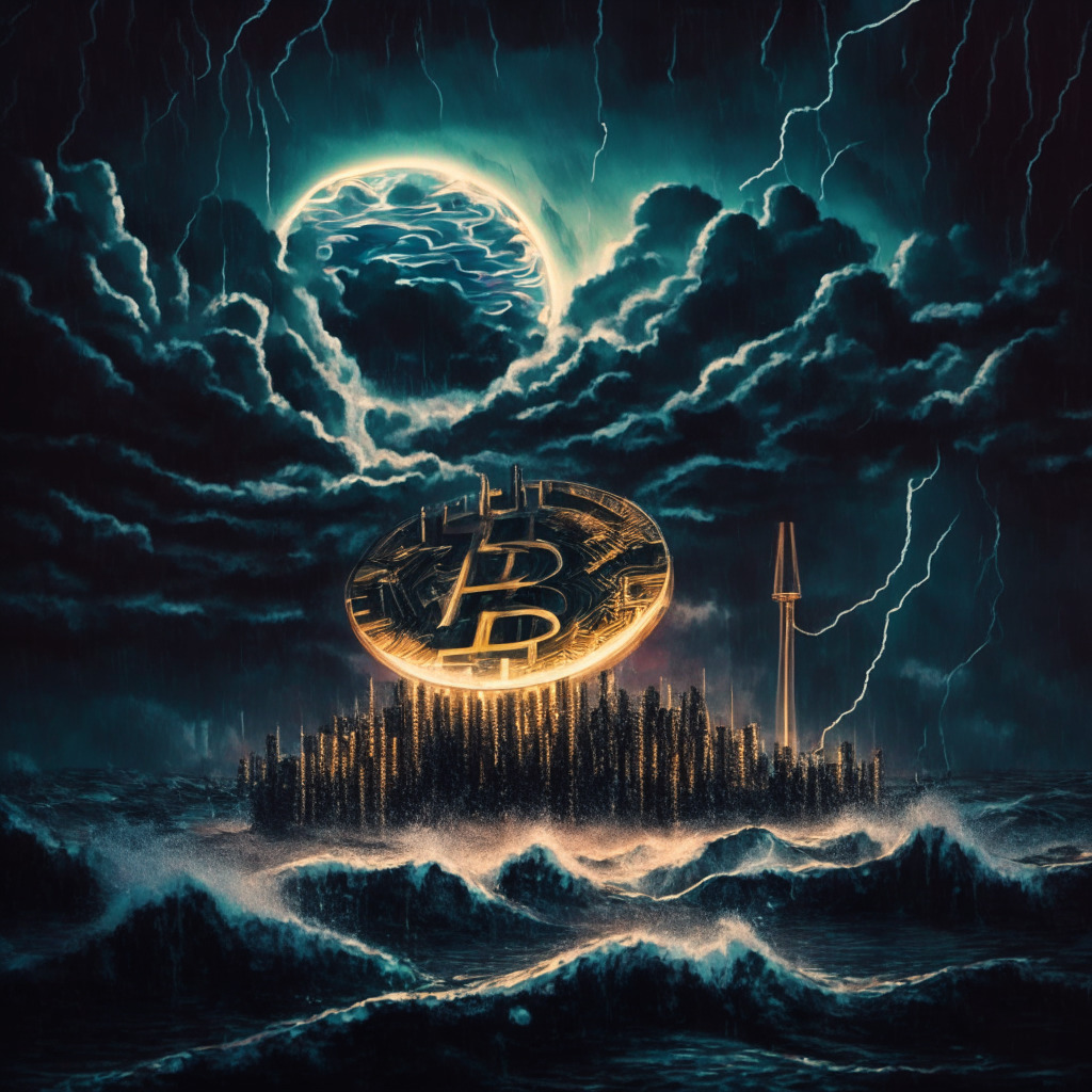 Moody nighttime cityscape reflection in a turbulent sea, both mirroring a stormy sky filled with whiffs of luminary digital codes symbolizing Bitcoin. Foreground shows a roller coaster, signifying market instability. Artistic style: Surrealism, integrating elements of uncertainty, excitement, and chaos.