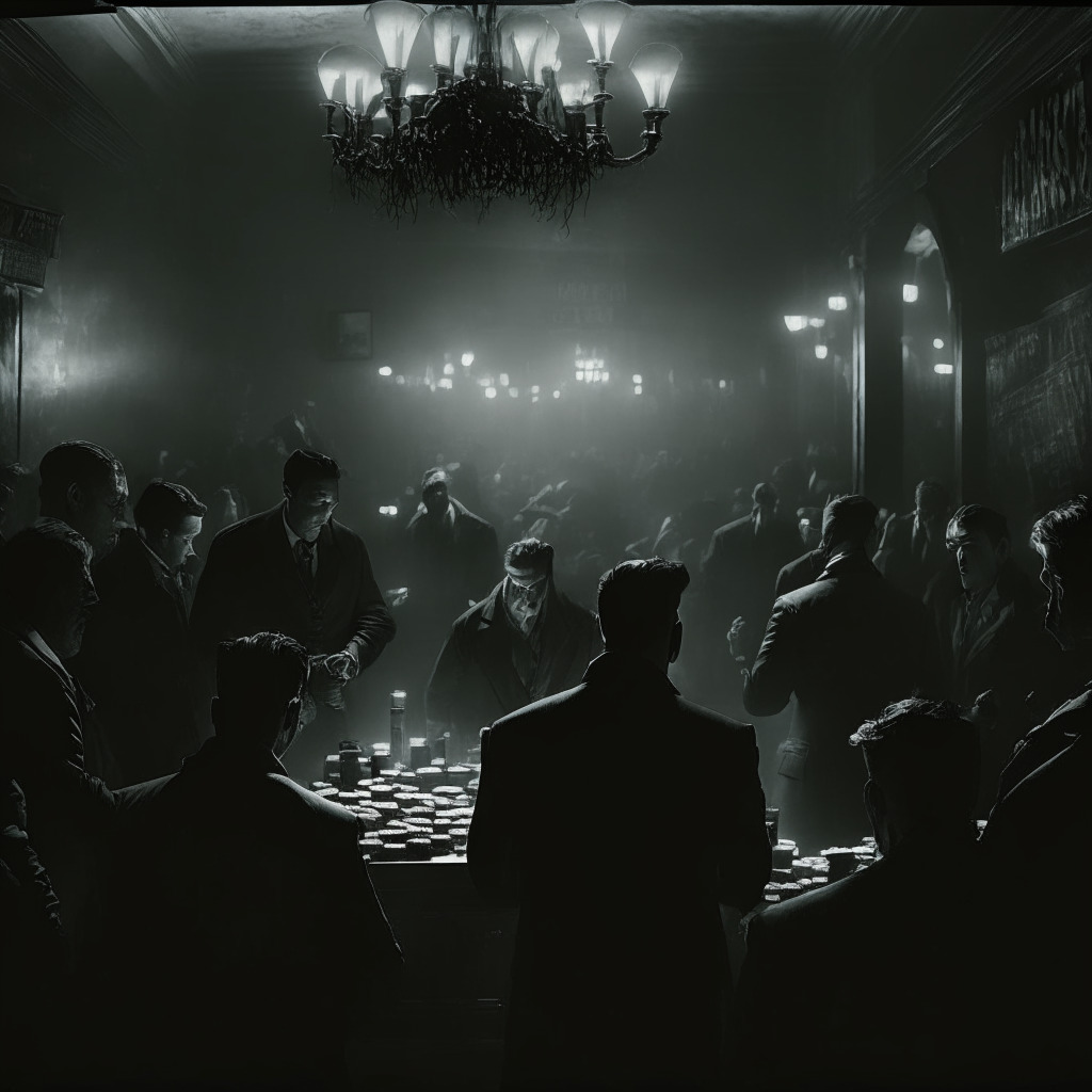 Dramatic scene of a cryptocurrency exchange in chaos, vaults emptied and panicked customers watching their fortunes disappear, in stark chiaroscuro lighting, eliciting feelings of suspense and tension. All in a hauntingly gothic style, akin to film noir, highlighting the dark underbelly of the unregulated crypto market. Conceptually, captures the key moment of the Thodex scandal.