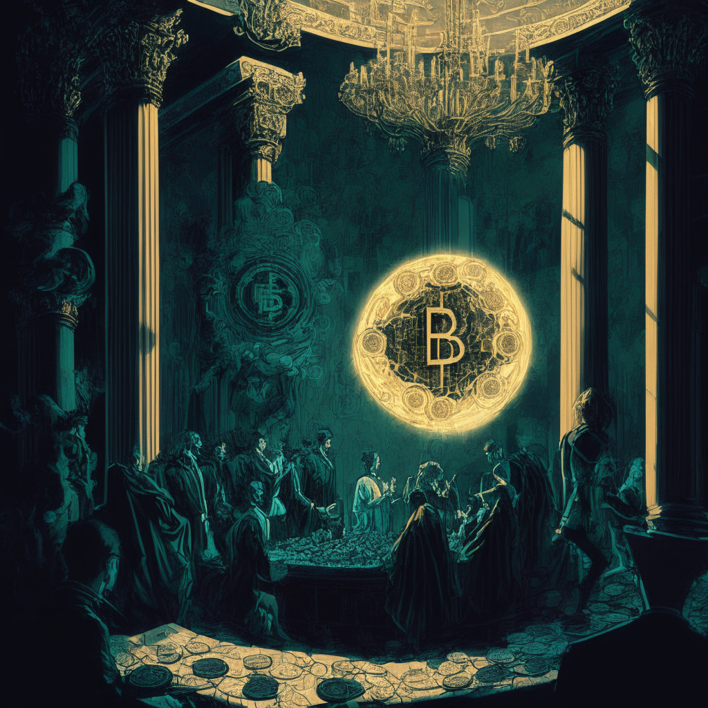 Envision a robust, garish tableau, reflecting a vibrant crypto-sphere with jagged fluctuations, Bitcoin subtly increasing amid the dazzling allure of Hedera Hashgraph and Solana. Capture the tension in a faux-baroque style, grimly illuminated cryptocurrency exchange, a court decision in favor. Simultaneously, portray a gloomy, Singaporean financial scene shrouded in shadows, founders facing prohibition, rusted scales of justice looming. Ensure a dissonance of moods - a saga of triumph and trial.