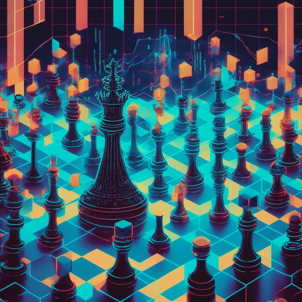 A vibrant financial-market scene bathed in a cool twilight glow, filled with symbolic representations of digital assets. Graphs encapsulating the upward trend of Bitcoin's ETF, a gavel signifying regulatory progress, intricately woven threads to signify blockchain scaling. The mood is hopeful yet cautious, marked by pivotal chess pieces signifying strategic financial moves.