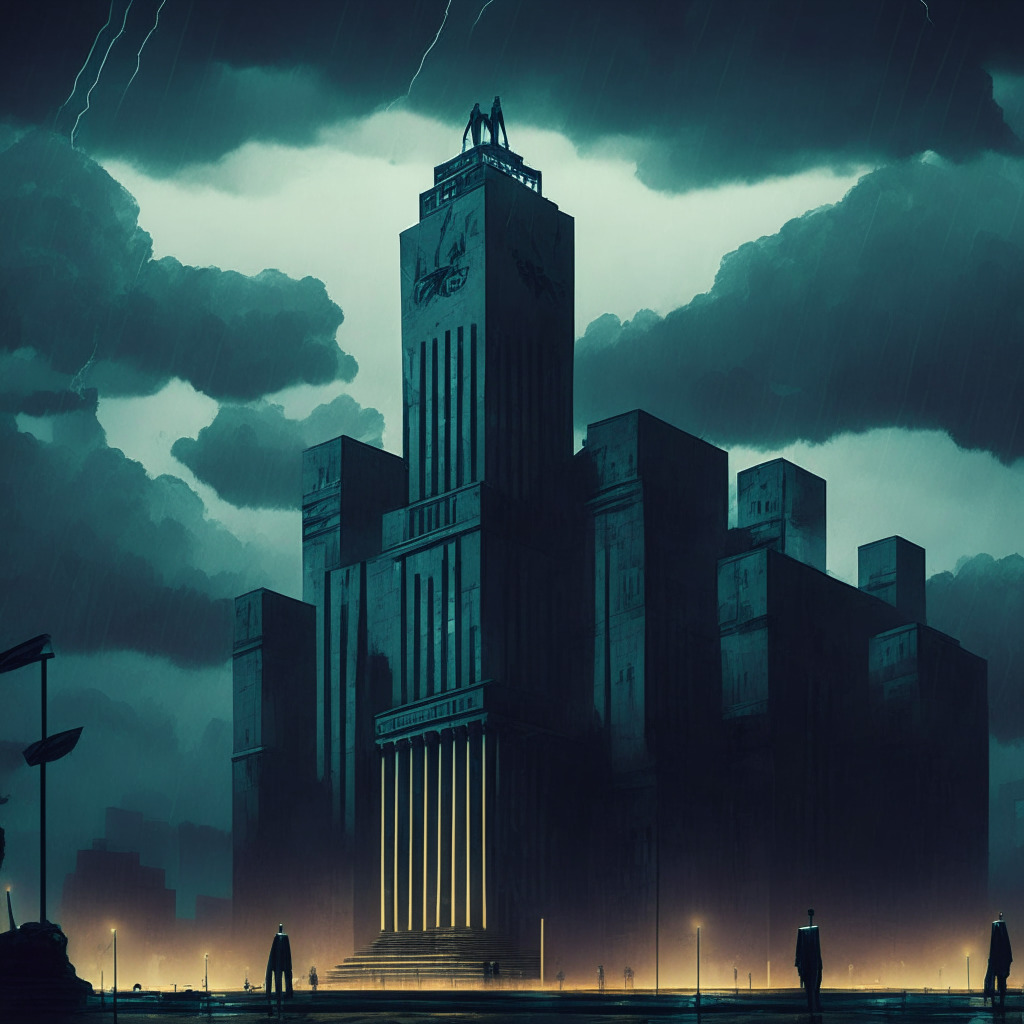 Ancient Brazilian cityscape under a stormy twilight sky, central bank building looming large, gripping a digital web representing crypto market. Hints of somber, dystopian art style, creating an uneasy ambiance. Shadowy figures in suits, symbolizing regulators, scattered, precarious balance beam representing the struggle of regulation vs growth.