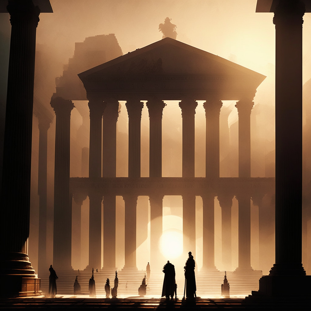 Dramatic court scene, Roman-style architecture in a nebulous background introducing a sense of tension and solemn, yet defiant mood. Elements of coded algorithms represented as mystical encrypted hieroglyphs, shadows cast by a setting sun ushering in a darker era. Foreground featuring a developer under scrutiny, a subtle ripple visual implying the global implication. No faces or logos, focus on cyberpunk artistic style.