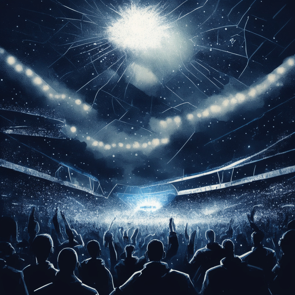 Midnight storm scene showcasing Tottenham Hotspur's stadium with a digital fan token hovering in a sky full of stars, Blockchain motifs raining down upon the crowd of cheering supporters, implying their active involvement in the club's decisions. Compelling, impressionistic style imagines a futuristic, secure, and dynamic fan engagement.