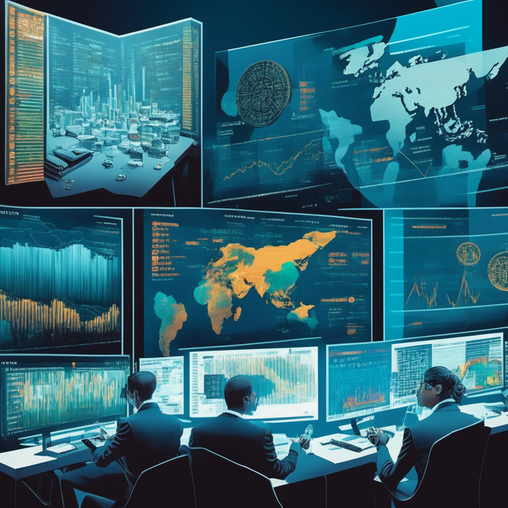 Depict a grand bustling financial market with a split scene. On the left, visualize the traditional setting of Forex trading; traders analyze charts, intense and focused. Incorporate indicating elements of different global currencies. On the right, portray a futuristic, innovative cryptocurrency trading scenery; traders engage in transactions on digital interfaces, screens displaying graphs of cryptocurrencies' volatility. Use a dimly lit, bustling, suspenseful atmosphere to highlight contrasts, tensions between the two worlds.