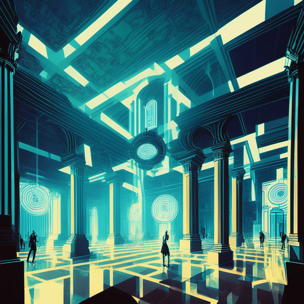 A grand hall of traditional finance transforming into a luminous digital realm of cryptocurrencies, under a vibrant, electric light. The image should balance between old-world gravitas and futuristic sheen, using Picasso's Cubism style. People transitioning from physical to digital, reflecting the tense mood of uncertainty mixed with thrilling anticipation for a new era in finance. No brands or logos visible.