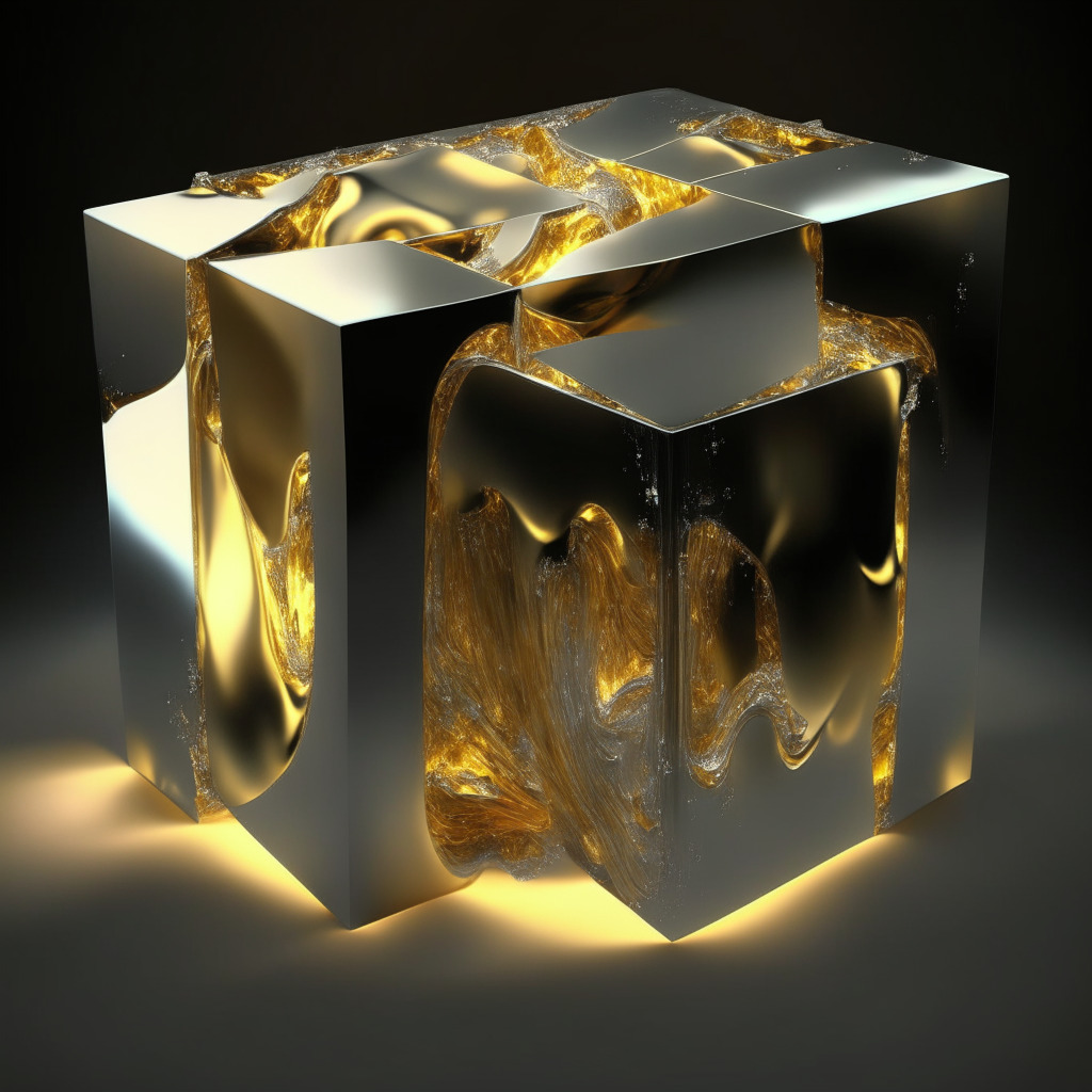 Conceptual, 3D digital art of a large, abstract cube undergoing metamorphosis, glistening silver to radiant gold, representing a major rebranding process. A subtle hue of dawn or dusk lighting, conveying a feeling of uncertainty and scrutiny. Injecting a touch of Van Gogh's 'starry night' art style for a dramatic and turbulent undercurrent. Imbue a mood of both hope and caution.