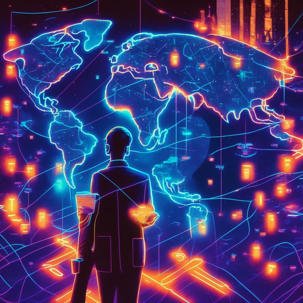 A vivid illustration of an internet-inspired, global payment network, represented by glowing paths of digital currency across a nighttime globe. David Marcus character, in forefront, innovating this new monetary exchange. Atmosphere filled with bright futuristic lights, creating a hopeful mood, whilst subtly highlighting the challenges present.