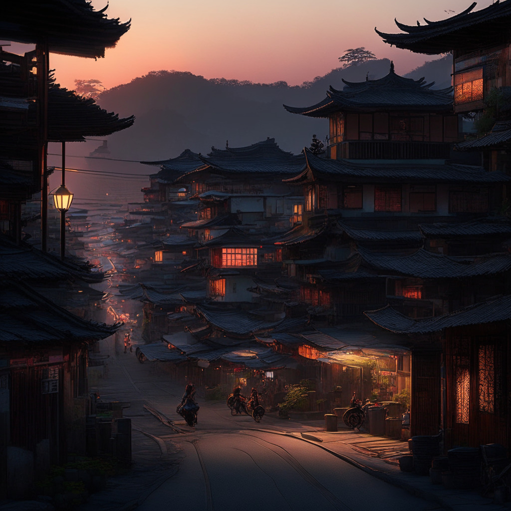Dusk settles over the tranquil town of Likou, China, transformed into a thriving high-tech hub, a 'demonstration town' for the digital yuan, in the style of magical realism. Streets bustling with energy, depicting the story of transformation with a juxtaposition of the old and the future. Prominent is a symbolic image of the digital yuan, glowing brightly, its radiance symbolizing the hope and potential of this initiative. The mood is one of hopeful anticipation, captured in vibrant, electrifying colors.