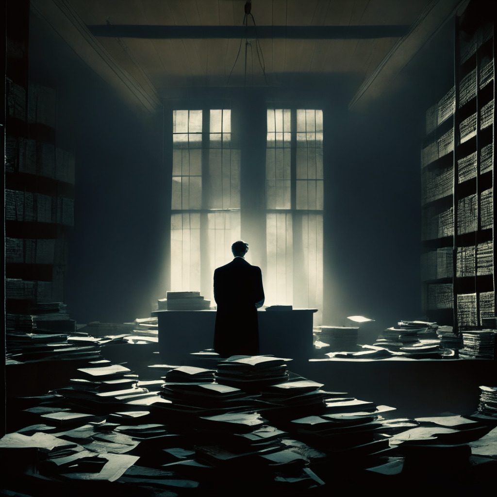 A courtroom filled with emphatic tension, a lone figure, Sam Bankman-Fried, portrayed in restrictive incarceration chains, stands solemnly, surrounded by piles of legal documents. The room is cast in the gloomy shadows and piercing light, representing restrictions and hope for release. The outside depicts the volatile crypto landscape, a stormy sky representing legal turbulence, and a partially distorted digital locksmith symbolising security issues.