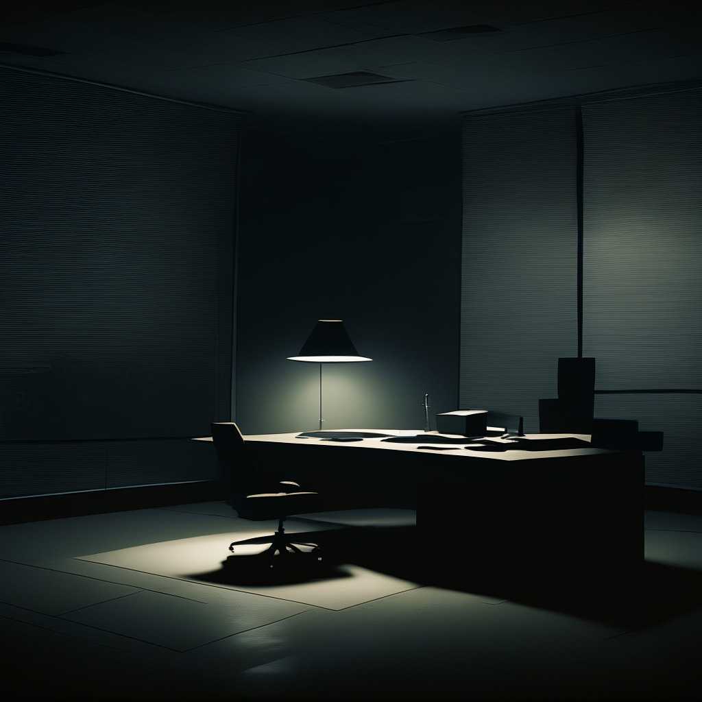 A dimly lit, evening office setting with a large, empty executive desk, An era based on modernist art style featuring clean lines and simplicity, transparency documents with 'BitLicense' and 'NYSDFS' headers subtly visible on the desk surface. A looming shadow replaced by a question mark alluding to the mood of uncertainty, glimmers of moonlight cast on a golden Bitcoin symbol indicative of the cryptocurrency context.