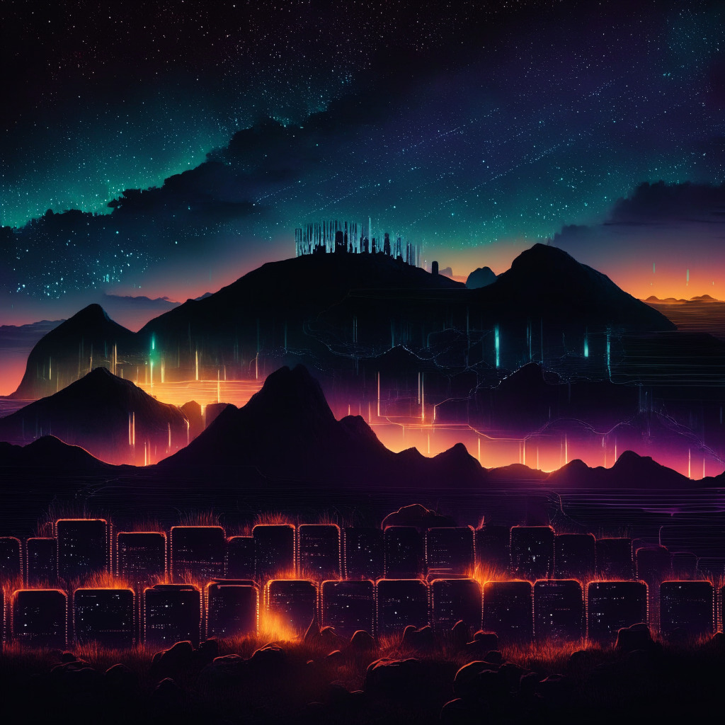 A digital mining landscape at dusk, bathed in soft twilight hues, depicting fortified resilience. Shadowy silhouettes of mining servers, hinting at the Bitmain S19 models, fill the foreground. In the distance, an aurora borealis, symbolizing hope amid a bankruptcy backdrop. In the sky, a constellation shaped like a stock market chart projecting growth. The art style reminiscent of Van Gogh with his signature swirls creating a mood of uneasy anticipation and rebounding vitality.