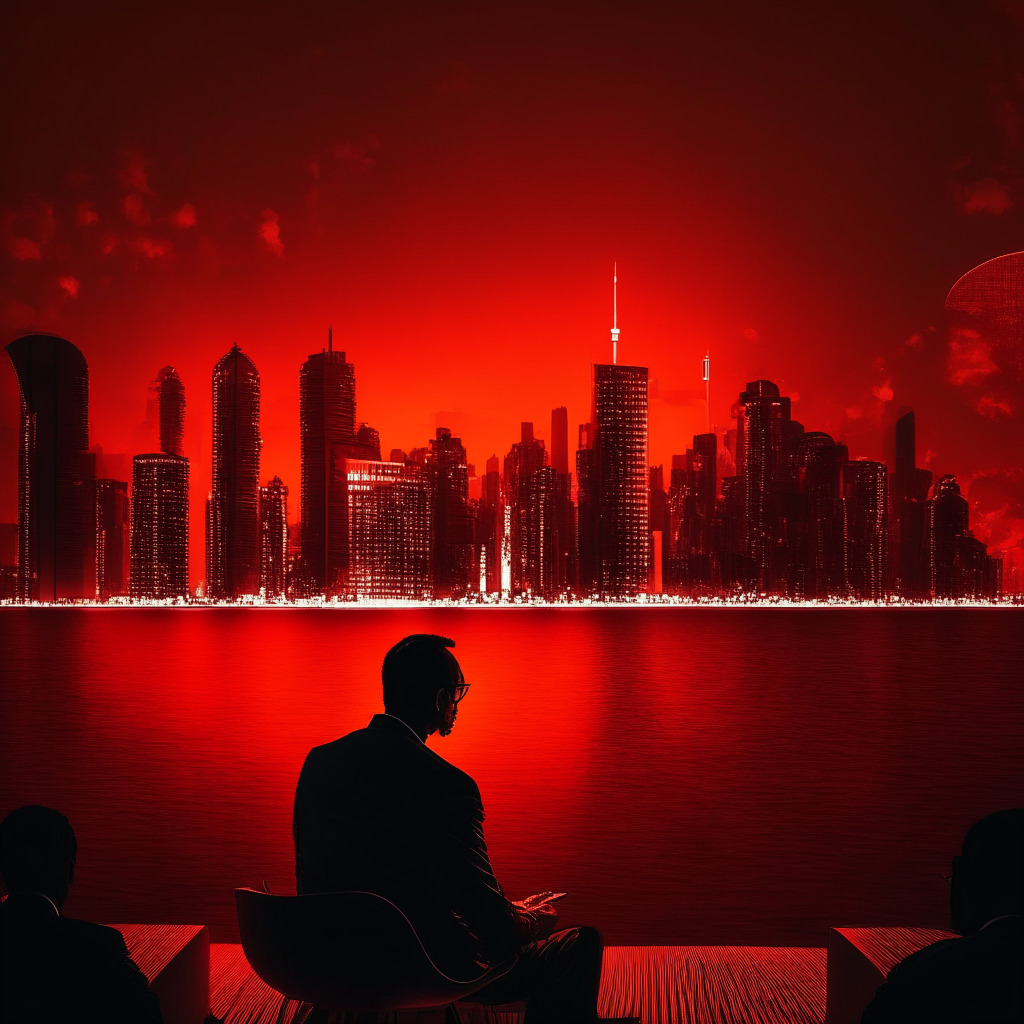 A commanding panelist at a sleek conference in Singapore discussing the challenges cryptocurrency faces in the U.S., bathed in intense, controversial red light. Both darkness and light representing the ambiguous world of crypto regulations exist harmoniously with middle-eastern and Swiss architectural structures looming prosperous in the background, offering hope and refuge in silhouette under a beautiful twilight sky, hinting at the friendly environments emerging globally.