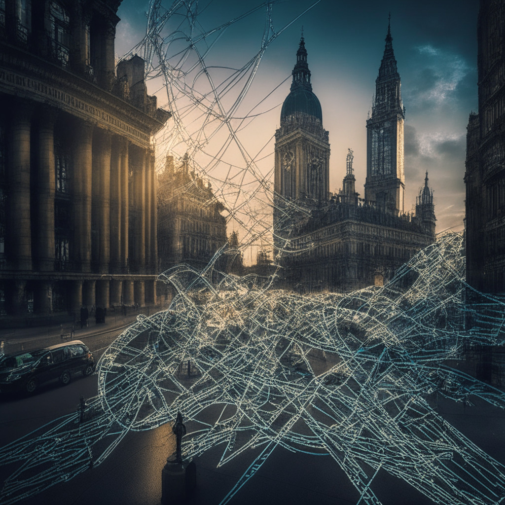 A late afternoon scene in the heart of London, cast in Rembrandt-esque chiaroscuro for a dramatic effect. The cityscape is overlaid with an array of cryptic, blockchain-linked symbols, hinting at the virtual world of crypto transactions. Moments of tension, signifying the recent crypto Travel Rule, are represented by luminous chains wrapped around various landmarks, symbolizing restrictions and control. The skyline dominated by looming clouds, implying an uncertain future, with the tinge of a yet-to-set sun hopeful of possible innovations in the distance.