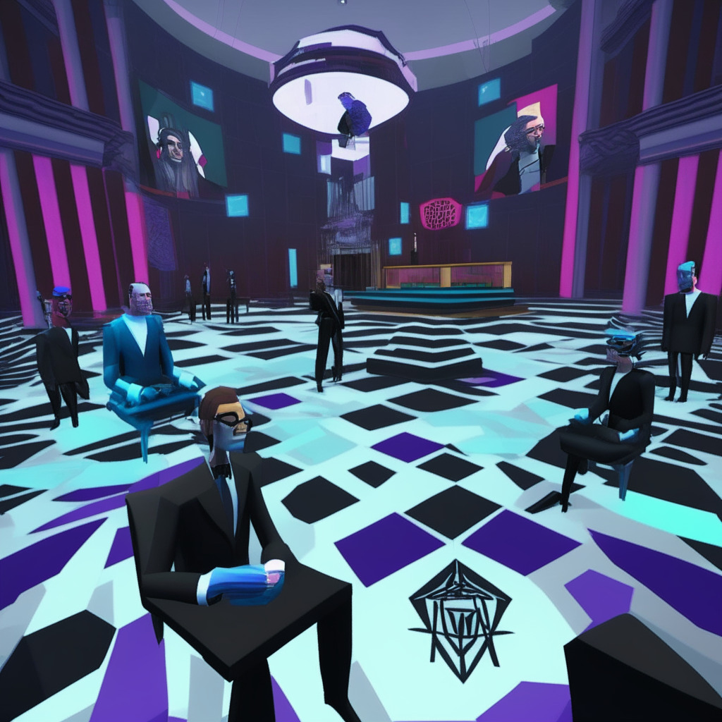 A twilight virtual Parliament session in the Metaverse with politicians as avatars, rendered in a blend of Cubist and Futurism art styles, creating a mood of anticipation and uncertainty. Include elements representing ambitions for blockchain-enabled smart country, national blockchain roadmaps, challenges of DeFi and contrast it with tight regulations, representing an uncertain future.
