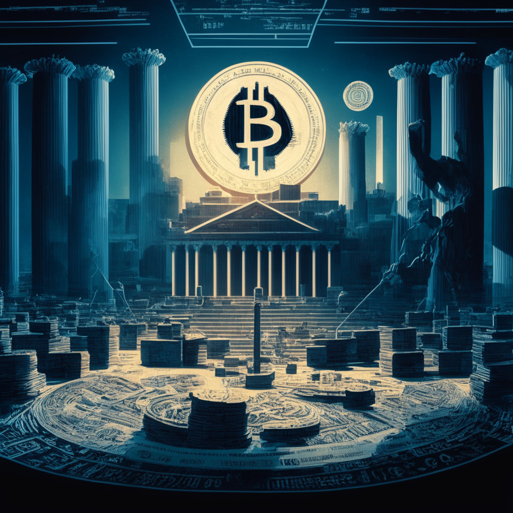 An intricate image displaying the volatility of the cryptocurrency landscape within the global economy, shadowed by looming regulatory scrutiny. The foreground features a symbolic set of scales, uneven, representing the controversial uneven field of US crypto regulation. The background subtly captures a federal courtroom, where the fates of major crypto firms are debated. The entire scene is illuminated in a cool, stark light, casting long shadows and creating a tense and uncertain atmosphere. The artist's style should blend Cubism with Futurism, illustrating the complex, modern nature of the subject.