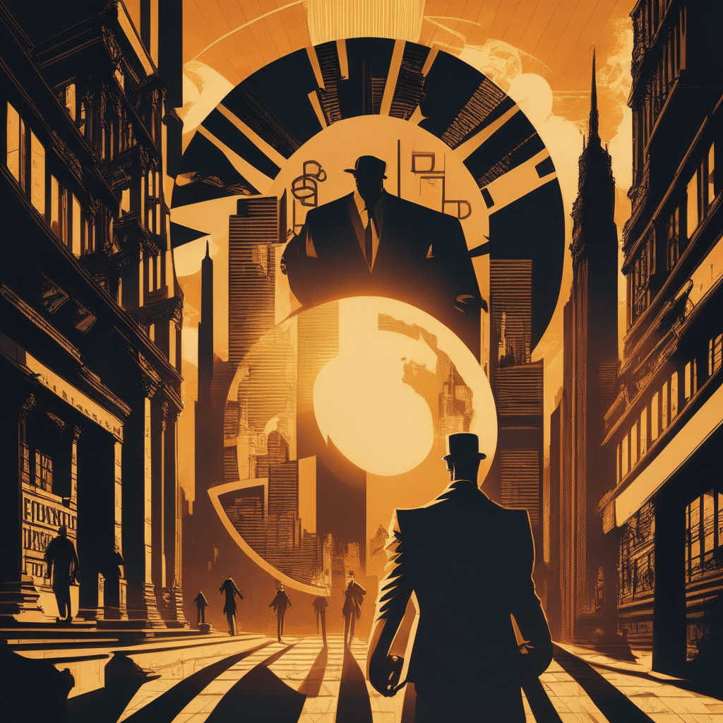A vivid display of the crypto world merging with traditional finance, the representation of an old-style Wall Street bustling with retro-futuristic crypto symbols, the rising sun symbolising optimistic US regulations, the setting sun casting a shadow on Europe, evoking a sense of uncertainty, all set in a classic noir style to convey the ongoing conflict and tension.