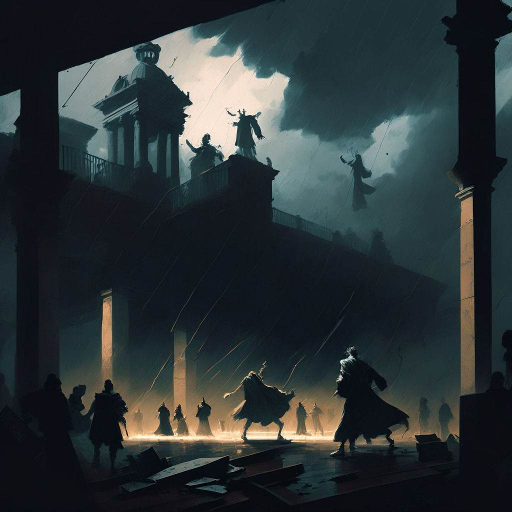 A stormy court scene under a dusky skyline, spotlighting two figures battling in the foreground, representing burgeoning conflict, boxy tokens scattered throughout, symbolizing the contested digital wealth. The mood is tense and uncertain, subtly hinting at a chaotic downfall. The style evocative of rembrandt, highlighting starkly contrasted light and shadows.