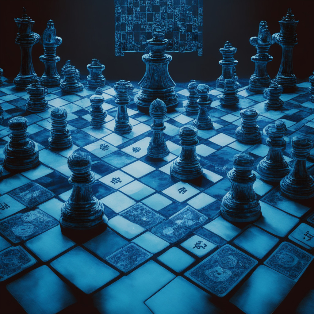 Vintage-style chess board in an abstract digital realm, chess pieces carved into the shape of Bitcoin, Ethereum, and ARB tokens. Significant pieces on move, showing the dynamic transfer between different pockets in response to the market downturn. Scene is lit in cold, stark blues indicating unrest and in-depth analysis. The backdrop displays a volatile line graph showcasing the sensitivity of the market, reinforcing the overwhelming uncertainty. Faintly visible in the background an old calendar page stuck on September, adding a sense of recurring pattern. Creates dark, dramatic and calculated mood.