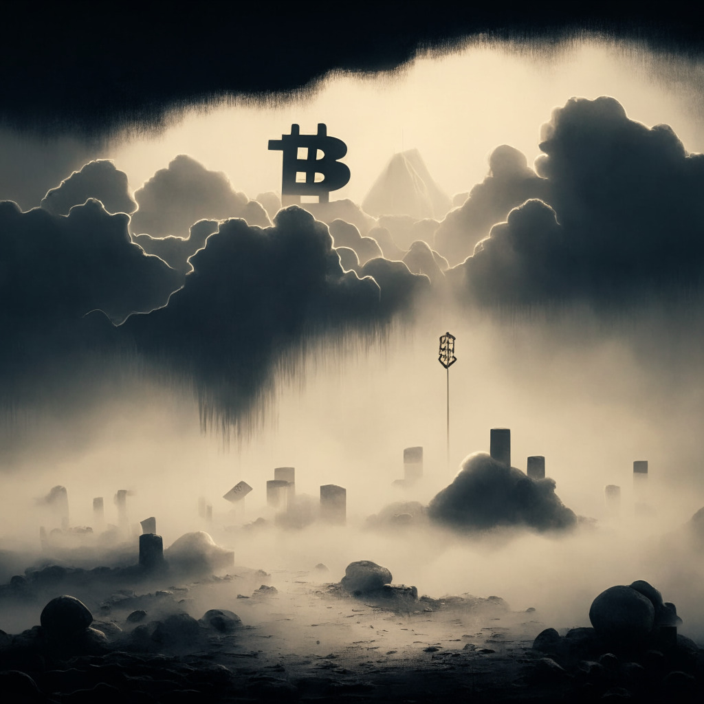 A somber vintage styled scene of cryptocurrency in action, with a landscape of towering bitcoin motifs amidst fog, symbolising the 'cloud resistance'. A dramatic downturned arrow in the foreground represents an 'overbought downturn', creating a sense of struggle and loss of momentum. The light setting should be low, presenting a shadowy ambiance reflecting the uncertain and complex dynamics of the cryptocurrency market. Overall mood should portray a blend of intrigue, caution, and sophistication.