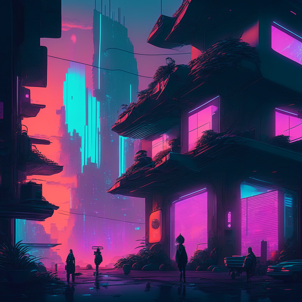 Neo-futuristic metaverse landscape at dusk, bathed in soft cyberpunk hues. Silhouettes of diverse avatars converse, trade NFTs, and explore immersive digital realms. The ambiance is alive with dynamic energy and communal engagement, while quiet corners suggest introspection and thought. Display vibrant communities, animated by glowing neon lights, surrounded by crystalline architecture.