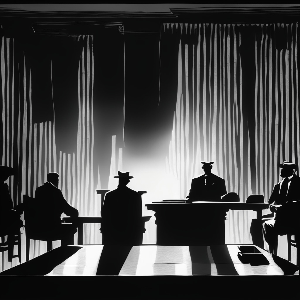 A monochrome image casting a courtroom scene, a blend of Film Noir and Neo-Noir inspiration. Silhouettes of stern-looking figures: a judge, a representative of SEC and crypto institution executives. Midground shows deposition papers on a mahogany table. Background manifests an overbearing federal seal. The light setting is dim and sombre, setting a tense mood, while shadows create a dramatic feel.