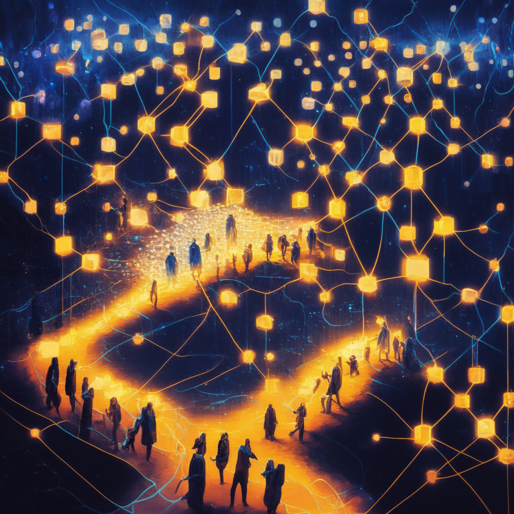 A sophisticated oil-painting style scene of a large digital network, illuminated by warm glowing lights that symbolize the Ethereum blockchain. Users represented as tiny glowing figures, get distributed onto multiple interconnected layers, or bridges, symbolizing scalability and user adoption growth. The underlying mood is positive and vibrant, symbolizing a thriving digital economy.