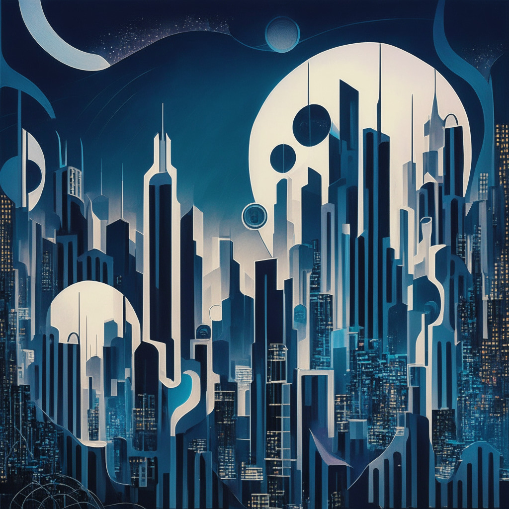 Abstract, futuristic cityscape under a swirling twilight sky, the city represents the complex world of cryptocurrencies bathed in a sea of uncertainty. Buildings shaped like rising and dipping line graph, inspired by Picasso's synthetic cubism style, symbolizes the volatile nature of Ripple's XRP. In the distant background, a shimmering, ghost-like rising moon rendered like Monet's impressionist style represents the rising phenomenon of $WSM. The city's muted tones set under a dramatic sky evoke a mix of anticipation, speculation, and caution.