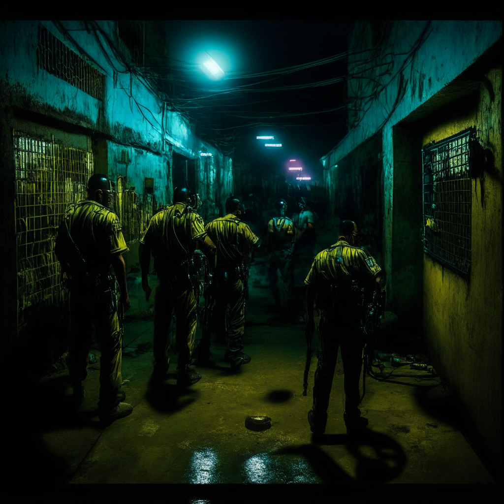 Late night raid in a high-security Venezuelan prison, rusty iron bars, stark contrast of dark alleyways and bright, neon signs of a clandestine casino and pool, cryptocurrency mining rigs with blinking lights under vintage bulbs, stern faced military personnel with powerful weapons, antiseptic hues and shadowy figures representing inmates, hint of early dawn light seeping in, tense and suspenseful atmosphere.