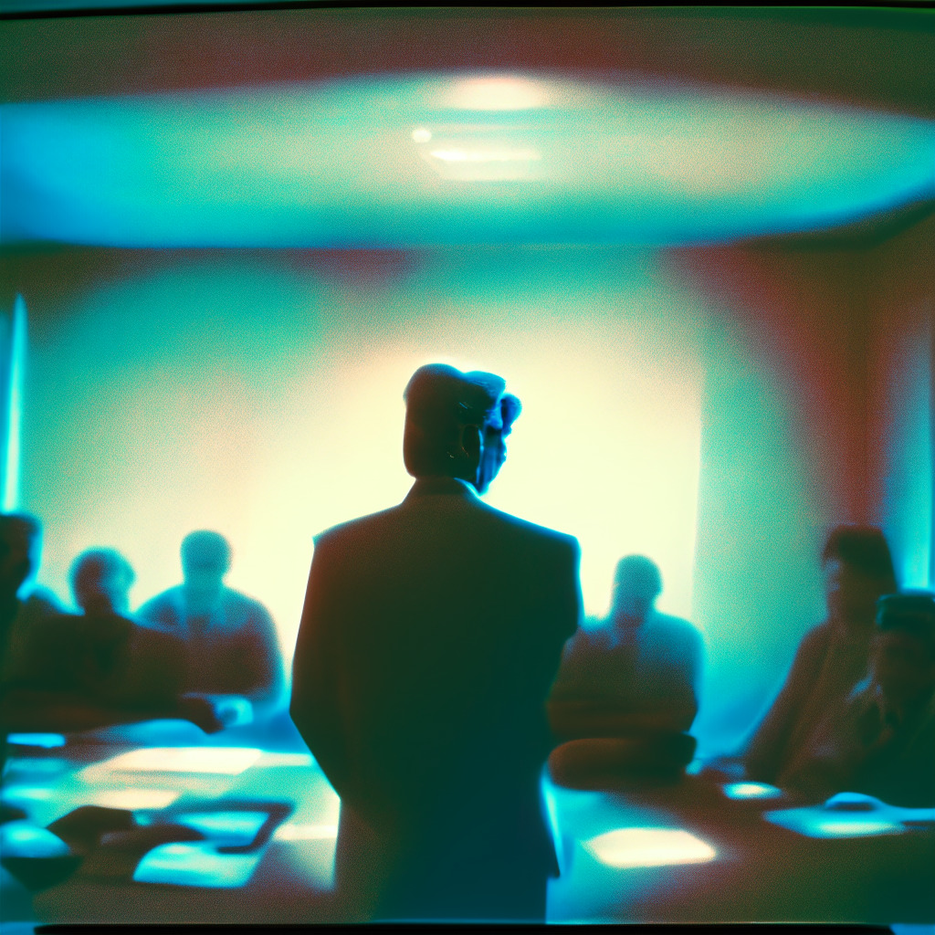 A vintage black and white scene set in a conference room circa late 90s, reflecting the subdued ambiance. A middle-aged man, Hal Finney, standing on a stage engaged in a passionate discussion about cryptography. In the room, an air of confusion and skepticism persists. Lights mediocrely illuminating, casting long shadows, creating a mood of mystery. Steampunk style with an artistic blend of abstract futurism showcasing the concept of zero-knowledge proofs in form of cryptic symbols and equations ethereally floating in the background.
