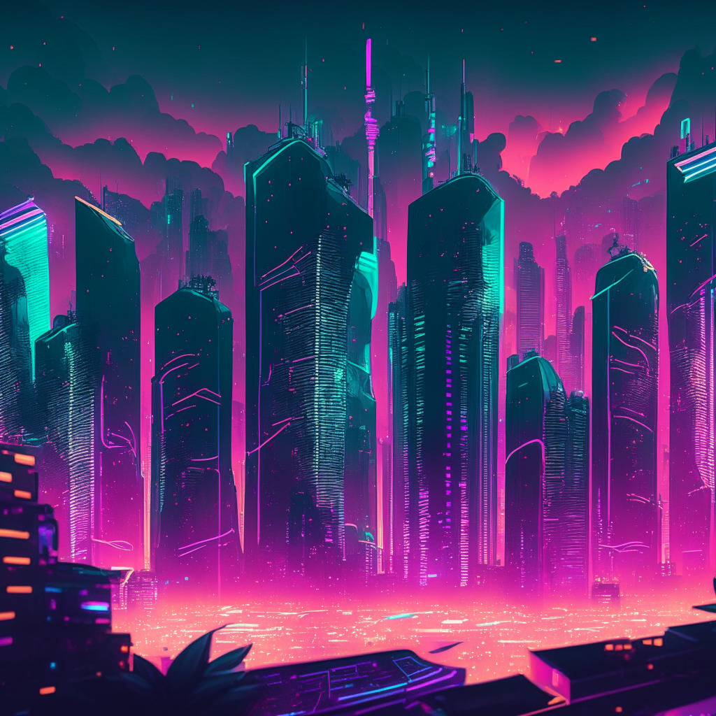 An amalgam of traditional Southeast Asian urban scape and futuristic digital elements, a hazy Singapore skyline as the backdrop, neon aesthetics. Imposing skyscrapers have holographic projections of crypto tokens, wallets, and NFTs. A festively lit Grand Prix circuit, spectators with their mobiles displaying Grab's app bearing NFTs. Mood: Tension between advancement & scrutiny.