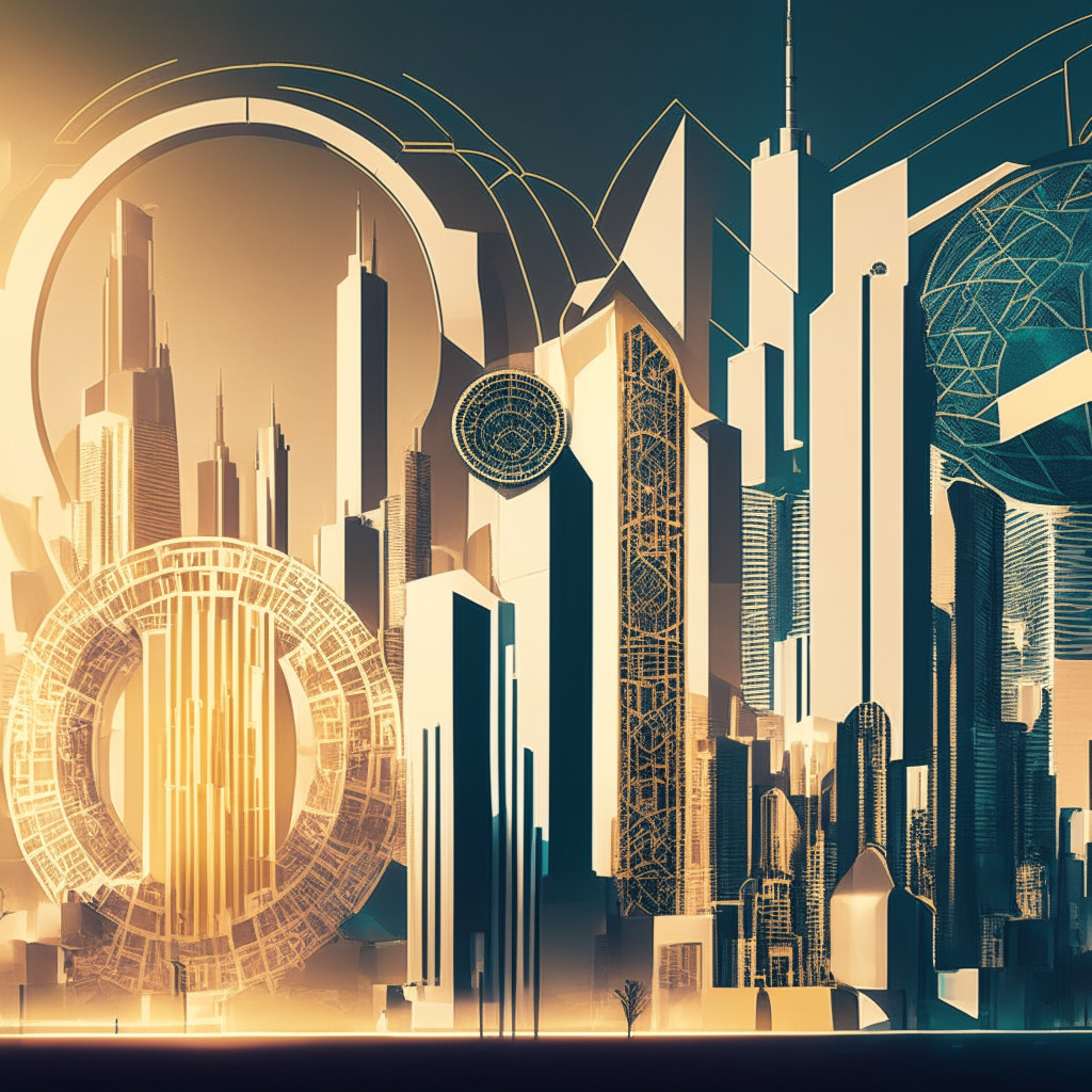An abstract scene embodying the intersection of traditional and digital finance, featuring symbols of old-style banking and modern crypto elements. Use a neo-noir aesthetic, with a vibrant, dynamic tech-hub, indicative of Abu Dhabi's financial landscape. Utilize opposing light and shadows to signify growth and regulatory uncertainty, creating an overall mood of cautious optimism.
