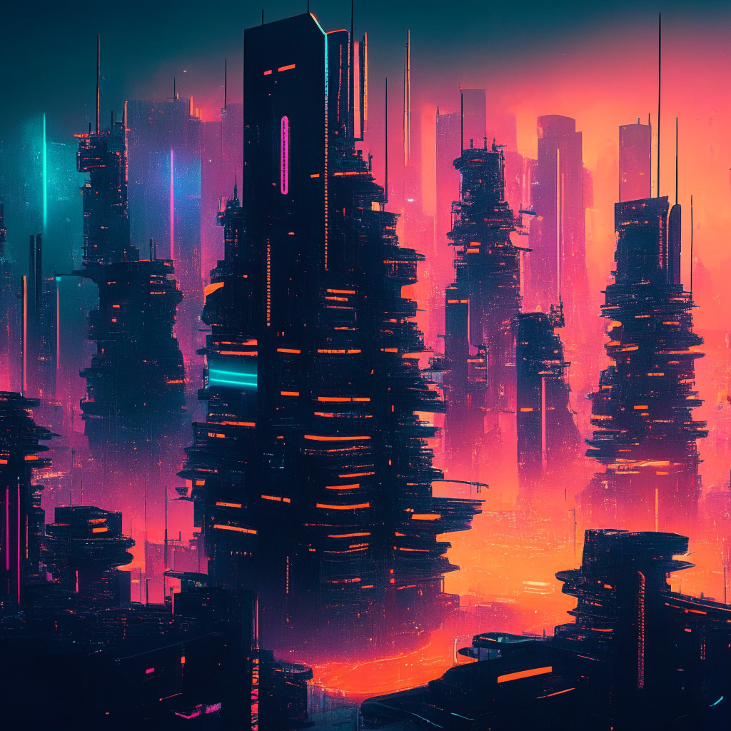 A futuristic cityscape teeming with complex digital architecture, painted in a surreal neon glow, bathed in warm hued twilight light. A city pulsing with countless transactions symbolized by frequent flashes of light, conveying a sense of vigorous activity and high-speed data transfer. Textured with an optimistic visual style, reflecting a sense of purpose, determination and anticipation. Large chains symbolize underlying blockchain technology, with distinctive, sleek network nodes presenting the opBNB layer. Vastness of city indicating competitive market, yet maintaining a tranquil, confident mood.