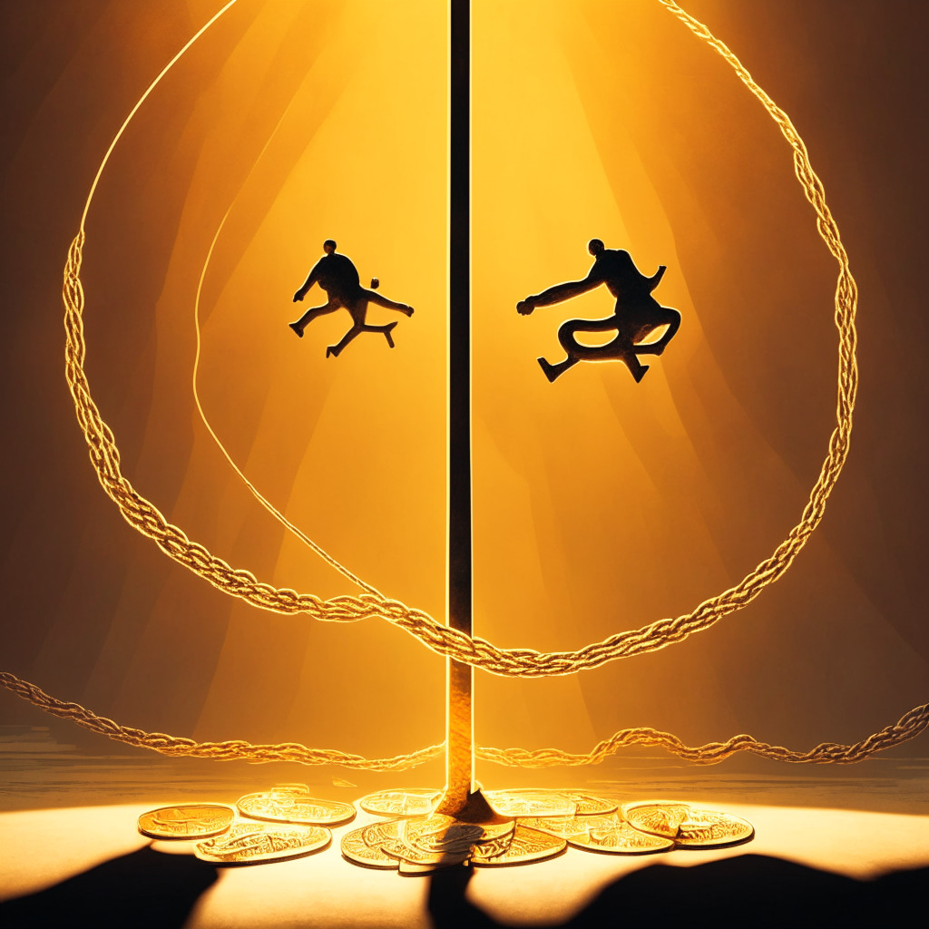 A stylized, illuminated, and surreal image of giant Bitcoin and Ethereum coins balancing on a thin tightrope over a tumultuous market, golden glow casting long, impactful shadows. The air brims with tension, emphasizing the market's potential volatility, risk, and anticipation.