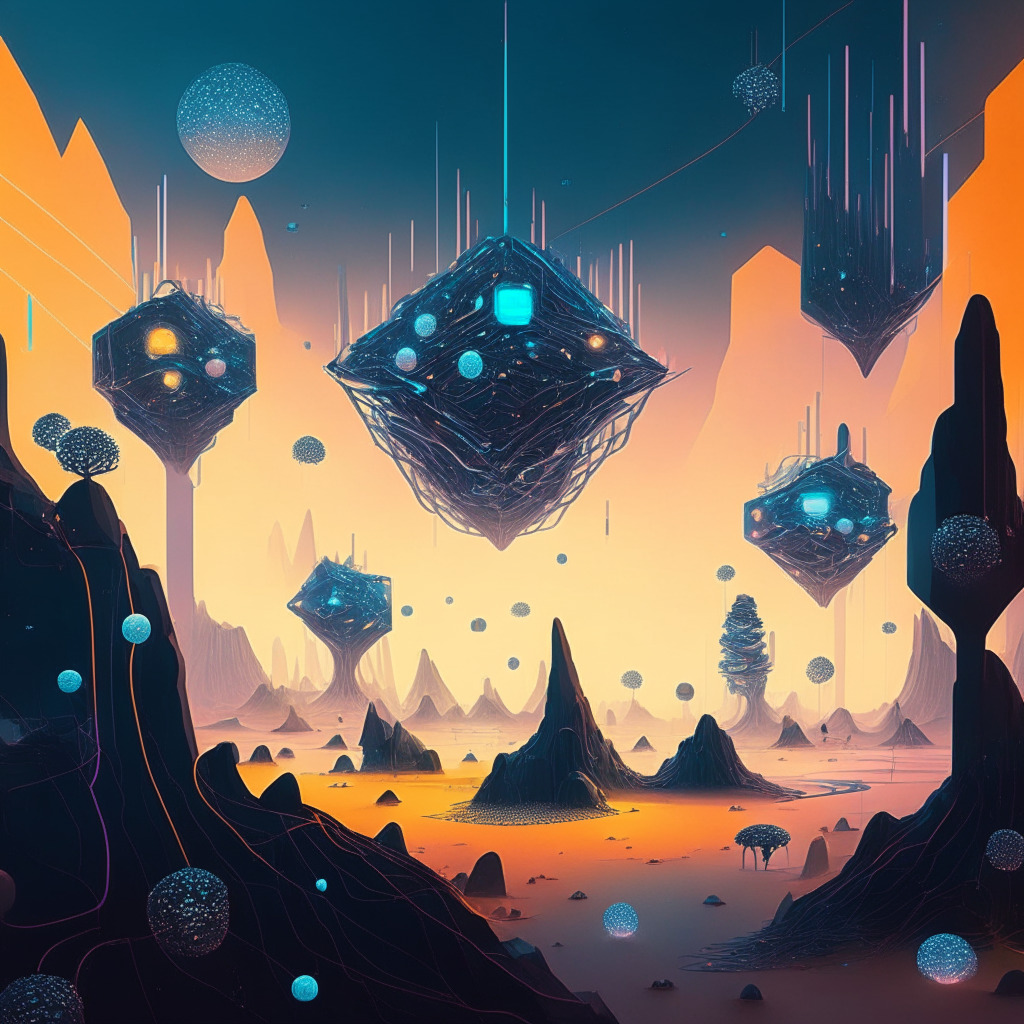 A futuristic landscape showing decentralized autonomic organizations represented by interconnected digital nodes, a powerful AI entity floating above them as the star of the scene, contrasting warm and cold lighting to depict optimism and skepticism. Artistic style is surrealistic, conveying a sense of overwhelming complexity and depth. The mood portrays cautious optimism, intrigue, and apprehension, a nuanced balance between promise and murky waters.
