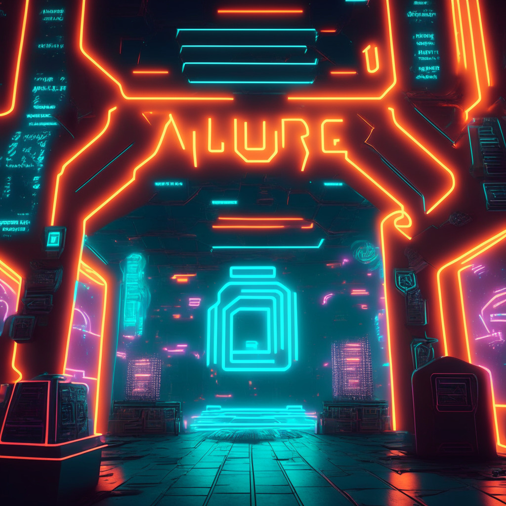 A scene from a video game world illuminated by a glow reminiscent of digital currencies, mixed reality elements (AR/VR), detailed holographic text on smart contracts, secure asset transfer. It's tinged with tension - a meld of economic competition, play, strained nostalgic fun and a hint of futuristic optimism, all in the style of retro-futurism.