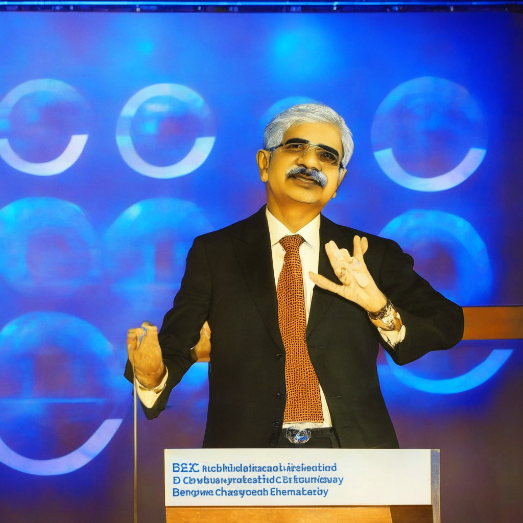 G20 TechSprint Finale stage in Mumbai, Reserve Bank of India Governor, Shaktikanta Das, enthusiastically discussing the transformative potential of CBDCs, Digital Rupee featured prominently, Whispery light casting futuristic shadows, Futuristic Art Deco style, Mood of optimistic revolution, Hidden undertones of global connection and technological advancement.