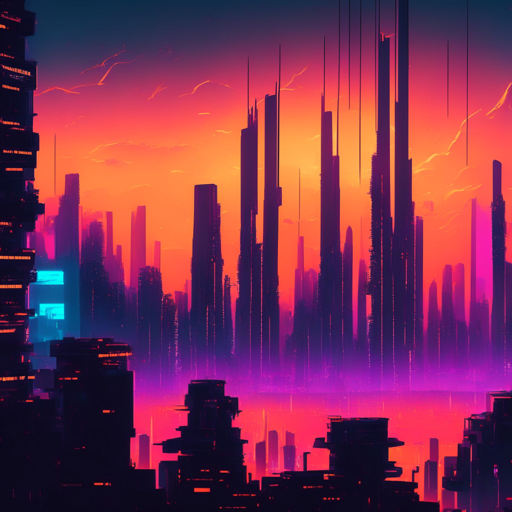A futuristic cityscape at dusk, neon radiance mingling with the soft glow of a setting sun. Massive digital screens display streaming data symbolizing blockchain networks. Stylized as an impressionist painting, the city serves as a metaphor for the tokenization of global finance. The vast landscape exudes an aura of reckoning, laden with promise and challenge.