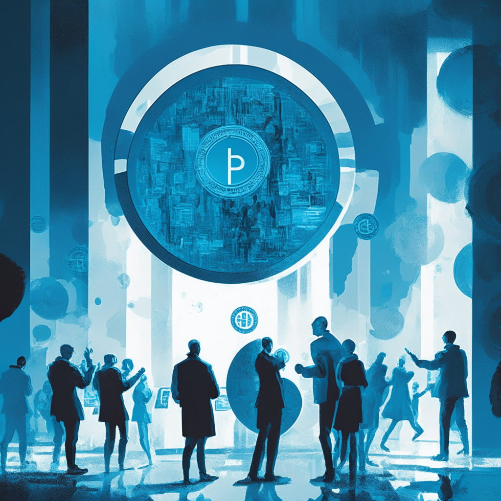 A dramatic scene in a modern, digital marketplace, bustling figures engaged in intense negotiations, a giant, shimmering digital coin symbolizing digital assets caught in a ray of hopeful light- yet its edges flickering, hinting the inherent volatility. Palette: cool hues of blue and silver, capturing the promising yet precarious mood.