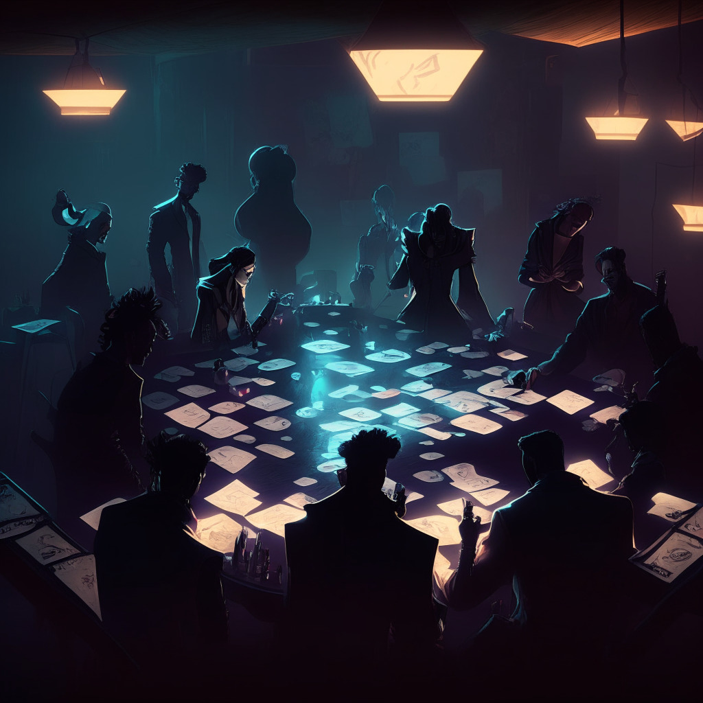 Dusk-lit scene of a high-stakes gaming table, strewn with digital cards which are diverse in designs - a nod to ‘Gods Unchained’. The art style taking cues from neo-noir mixed with a touch of the surreal. Illuminated by soft, ambient lights casting dramatic shadows. A crowd of diverse players, compressed in tension, face hidden but eyes lock on a digital screen displaying a moving hologram of blockchain code. An atmosphere of suspense and seriousness.