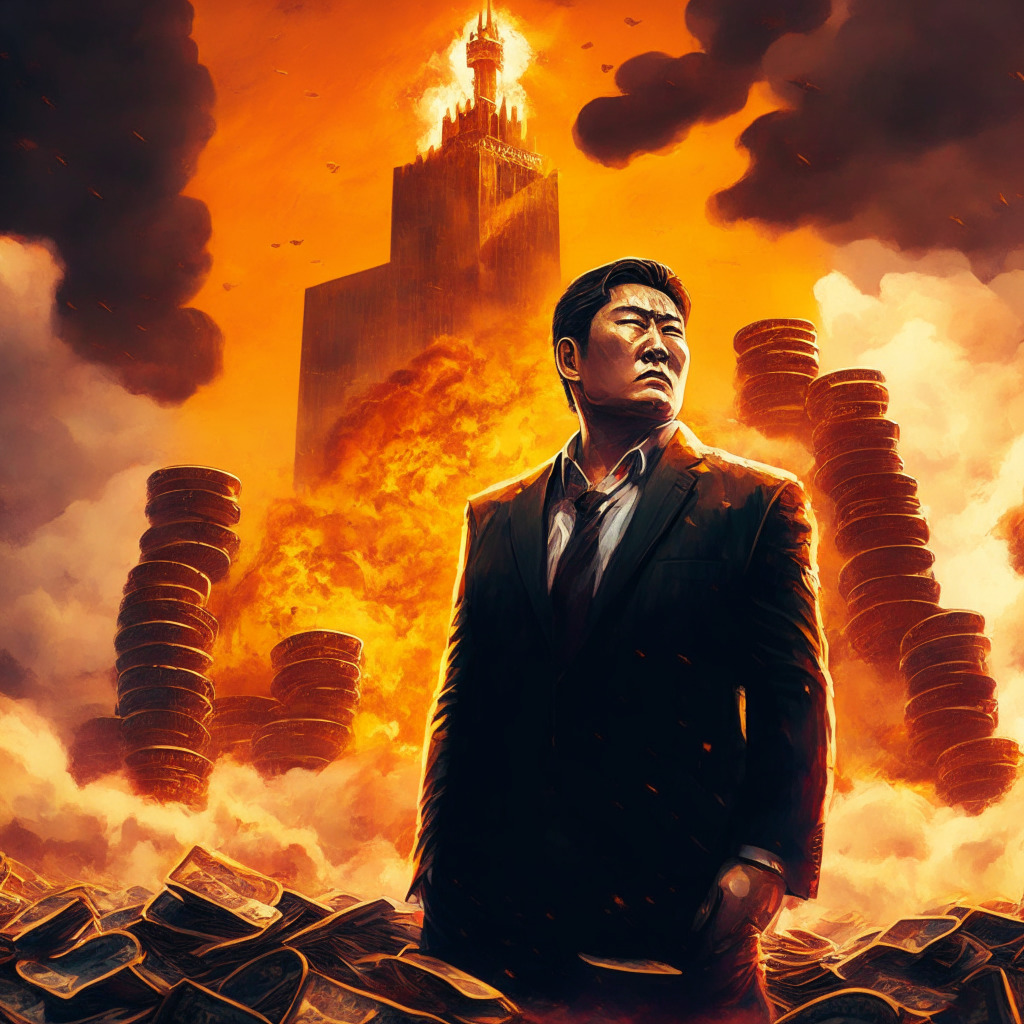 A powerful man standing firmly amidst the fiery hues of a chaotic financial tumult, representing Richard Teng. Behind him, a vast fortress symbolizing Binance, gleaming with over-collateralized coins. The scene is embroiled with the intense drama and turbulent mood. The sky morphs with looming regulatory clouds over a Russia-inspired landscape. No brand or logo.