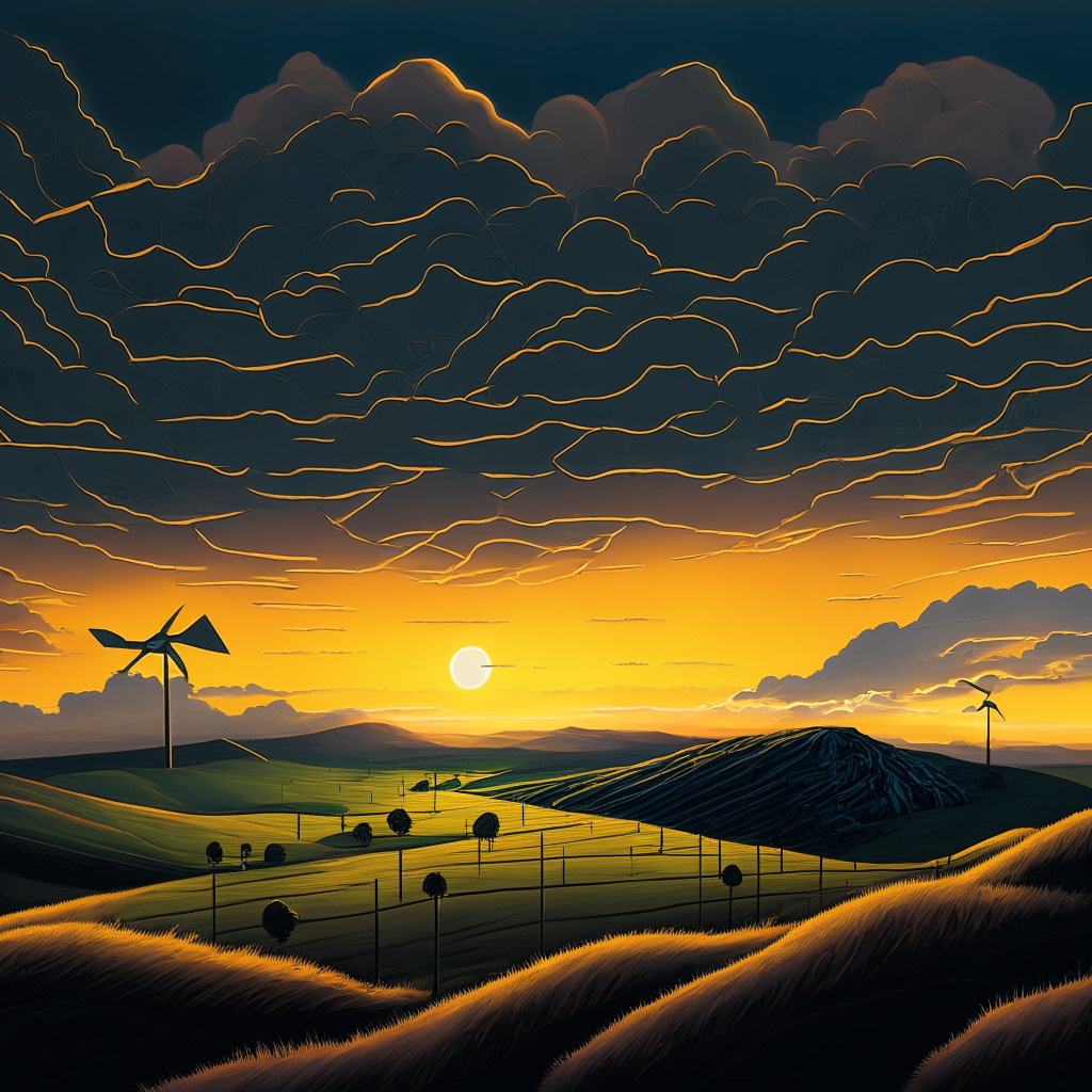 A digital landscape at twilight, painted in a surrealistic style. Key elements include Bitcoin mining rigs scattered across the rolling hills, powered by a blend of renewable energy sources such as solar panels and wind turbines. Golden sunlight is reflected by the equipment, creating a tranquil yet vibrant mood. Dark clouds hint at the ongoing energy debate, while a mercurial path leading into the horizon symbolizes the future of Bitcoin's sustainability.