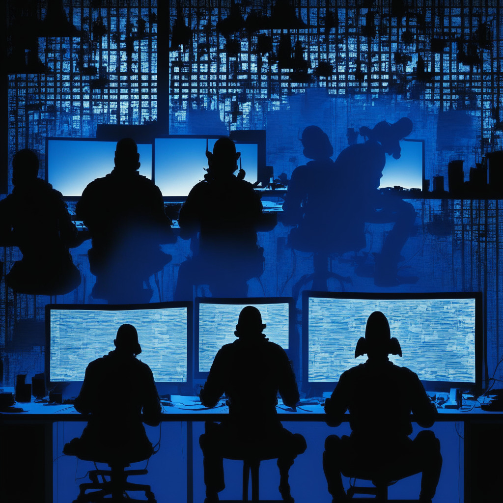 Late-night digital workroom, powerful PCs glowing with the hum of unseen mining tools. Silhouettes of hackers in shadow, leveraging graphic design software as their unwitting accomplices. Scene laced with a sense of infiltration, furtiveness. Visual style abstract, reminiscent of a high-tech thriller. Palette of cool blues and stark blacks to evoke clandestine operations, contrasted with the warm glow of illicitly harnessed GPUs.