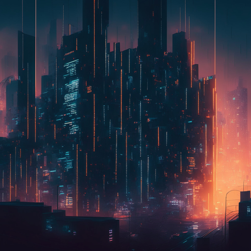 A digital cityscape enveloped in twilight hues, reflecting a world of cryptocurrency. Illustrate bustling activity and transaction trails signifying wash trading in a dynamic yet uneasy atmosphere. Incorporating motifs of manipulation and surveillance subtly in the architecture, create a sense of uncertainty. However, infuse hope through touches of warm lighting, symbolic of impending regulation.