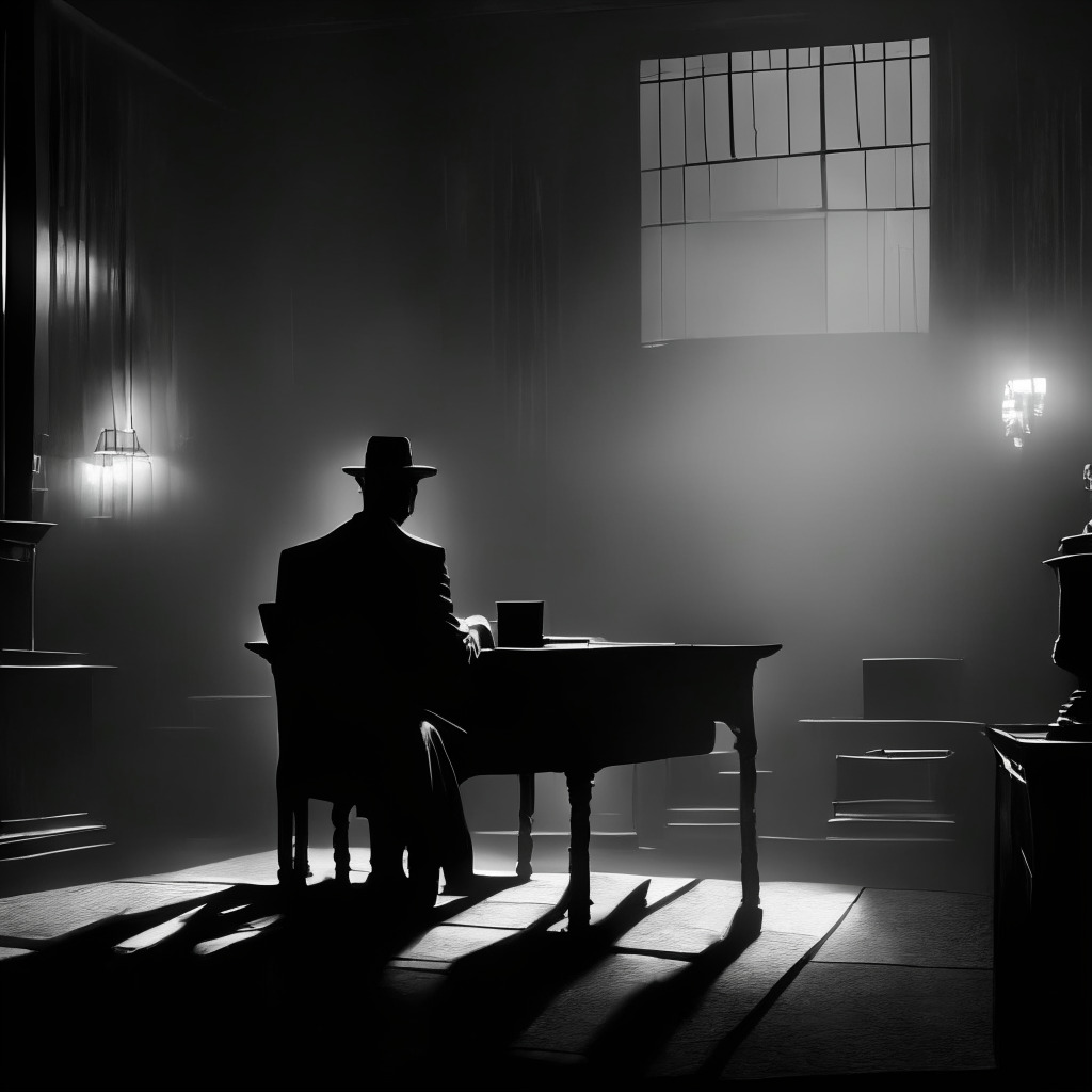 An intricately detailed courtroom drama, styled in the aesthetic of classic noir film. Focus on a lone figure, symbolizing Sam Bankman-Fried, in an isolated room, a laptop and hard drives before him. Light pouring from a solitary source, creating ominous shadows, sets a bleak mood. Expressing the tension between fairness and regulation in the crypto space.