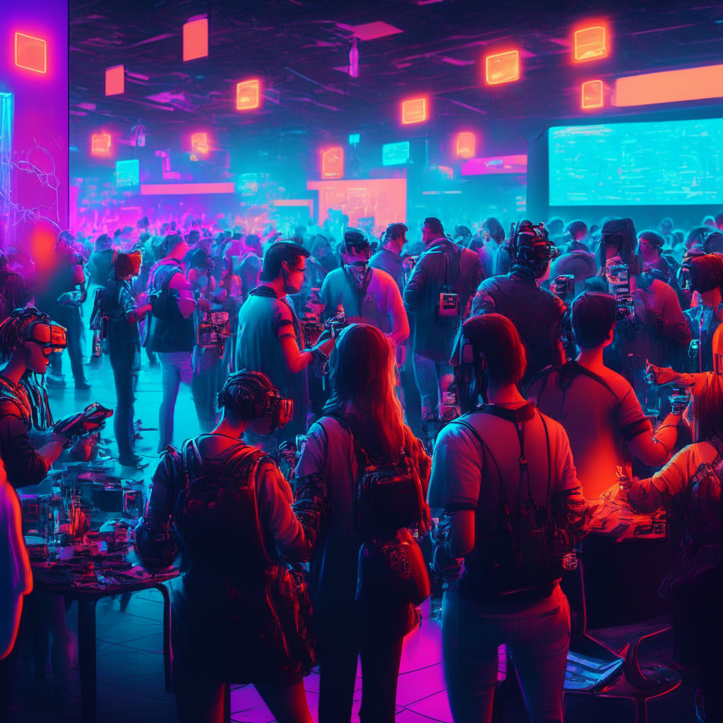 An energetic, cyberpunk scene at a bustling tech-convention, filled with people actively discussing and showcasing futuristic technologies. Emphasis on Web3, token technologies, and NFTs, showing a shift from traditional cryptocurrency. Characters engaging in heated, playful discussions, exchanging pitches. Ambience should be electric yet challenging, highlighted by neon lights, ponying the image towards anticipatory cheer with a tinge of underlying skepticism. Some figures more prominent, representing unique visions of industry influencers.