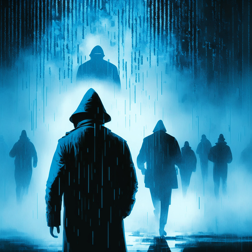 Misty blockchain backdrop, spotlight on an imposing security chief, authoritative, swiftly in action against shadowy crypto fraudsters, captured mid-chase. A crushing wave of Tether coins signals high withdrawal fees. Hooded victims look on, hope and despair mingled. Dominant hues of cool blue and stark black, emphasizing the cold reality of betrayal, with a dim hopeful glow piercing through, symbolizing potential future regulation. Noir style, tension-drenched mood.